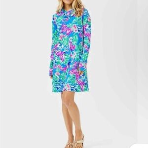 Lilly Pulitzer Blue and Pink Floral Dress Upf50+Chilly Lilshield